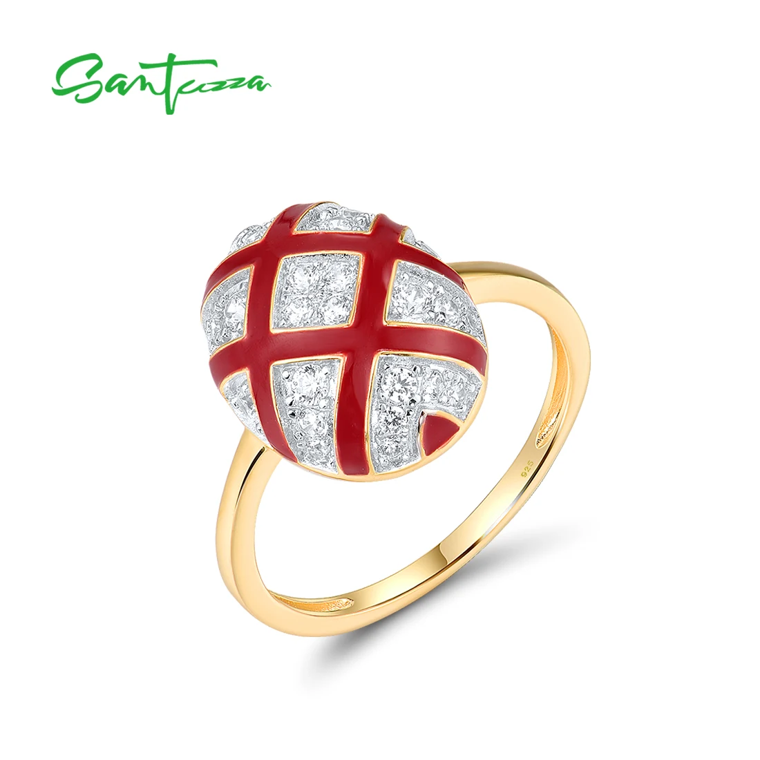SANTUZZA cincin perak murni 925 untuk wanita, Set perhiasan halus pertunangan pernikahan silang Oval merah CZ putih berkilau