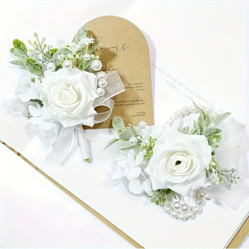 1/2 peças flores artificiais de rosa, corpete branco de simulação, boutonniere, flores falsas de pulso, para decoração de casamento, aniversário, noiva ﻿