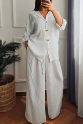 Casual Loose Cotton Linen Outfits Women Fashion Botton Shirt And Pant Sets Autumn Winter Solid Wide Leg Pant Two Piece Sets Lady