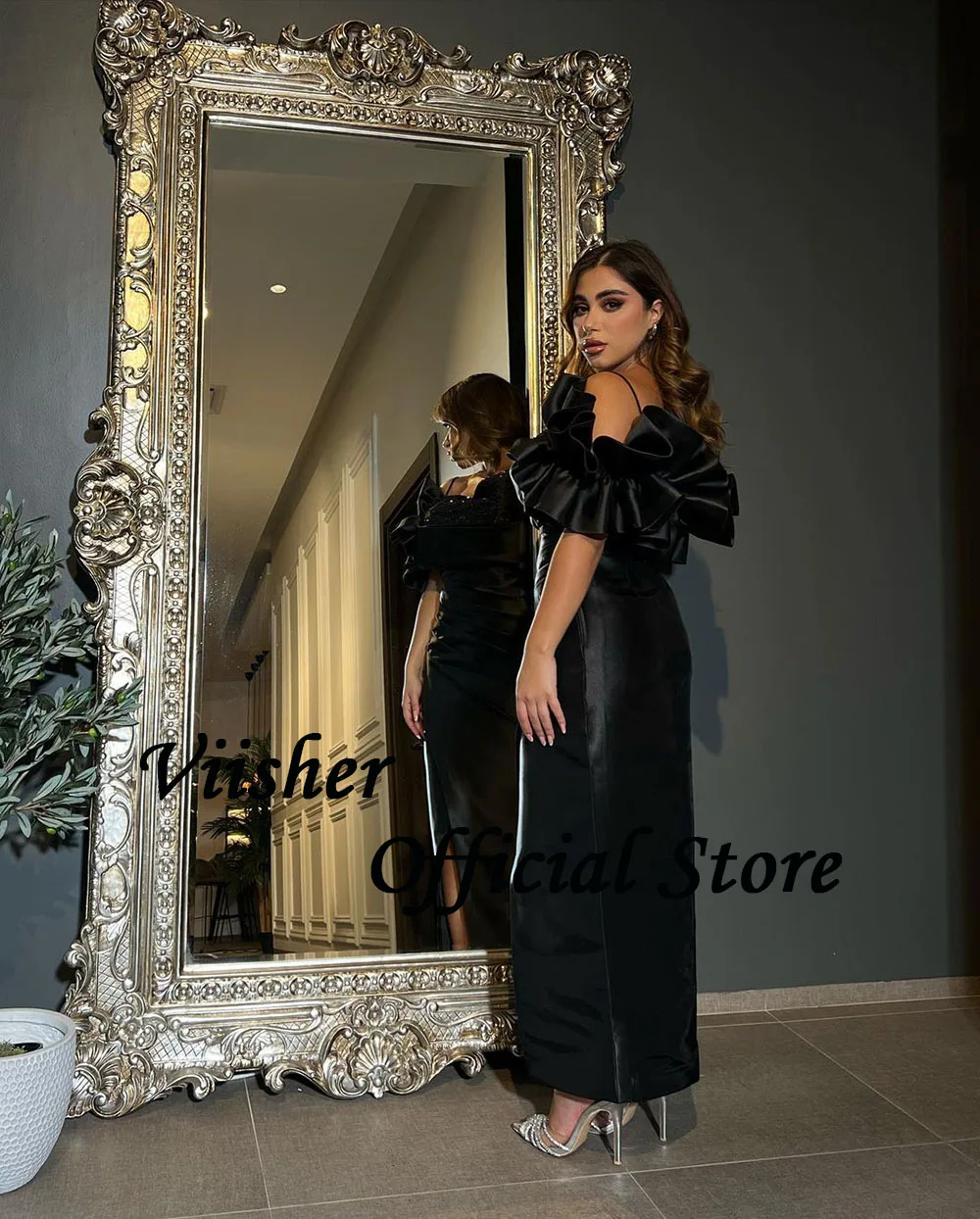 Viisher Black Mermaid Evening Dresses with Slit Sequins Strapless Prom Party Dress Ankle Length Arabic Dubai Formal Gowns