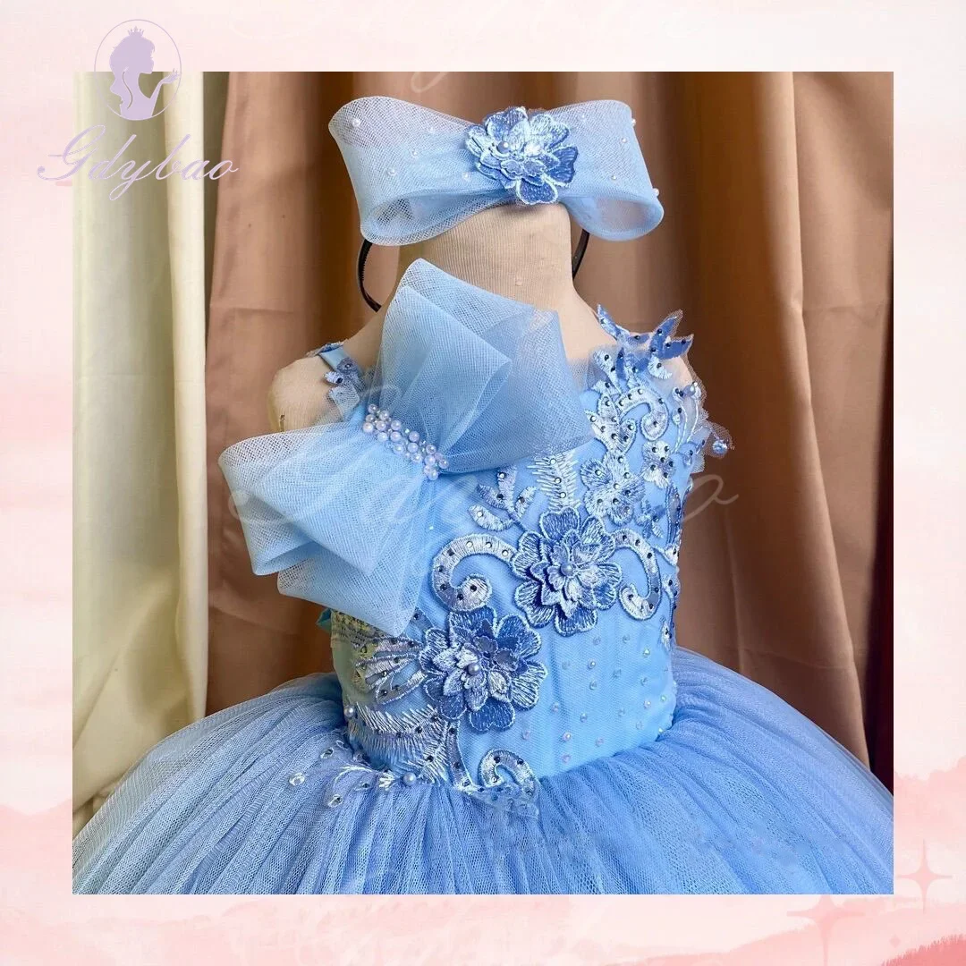 Vestidos de niña de flores azul cielo personalizados para boda, apliques de perlas con lazo, fiesta de cumpleaños para niños, vestido de baile de primera comunión