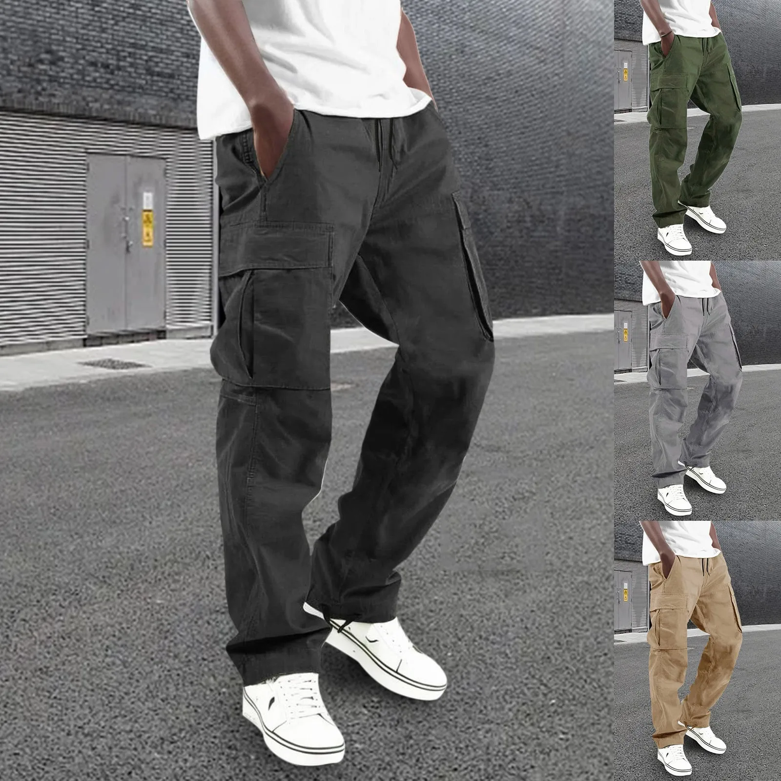 

Men Casual Cargo Pants Casual Pants Solid Color Long Trouser Male Loose Harajuku Fashion Multiple Pockets Streetwear Sweatpants