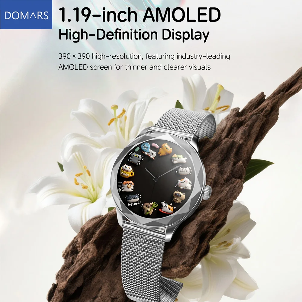 

Женские умные часы Domars с экраном 1,19 дюйма, поддерживающие мониторинг здоровья и спортивные режимы, совместимые с Android и iOS.