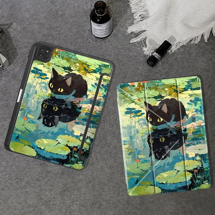 Tablet Case For iPad Air 4 5 M3 M2 1 2 M4 11inch Pro 11th 10th 9th 8th 7th 12.9inch Pro 2025 Mini 6 7 Holder Cover Monet Cat
