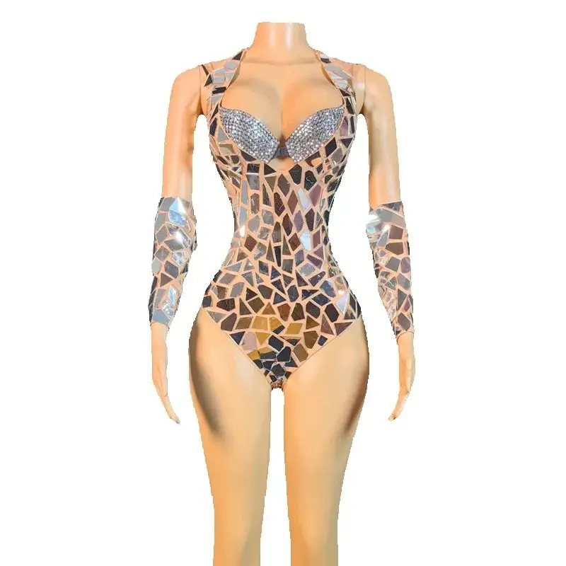 Women Group Jazz Dance Outfit Mirrors Bodysuit Rhinestones Bra Nightclub Ds Dj Gogo Dance Costume Stage Rave Outfits XS9750