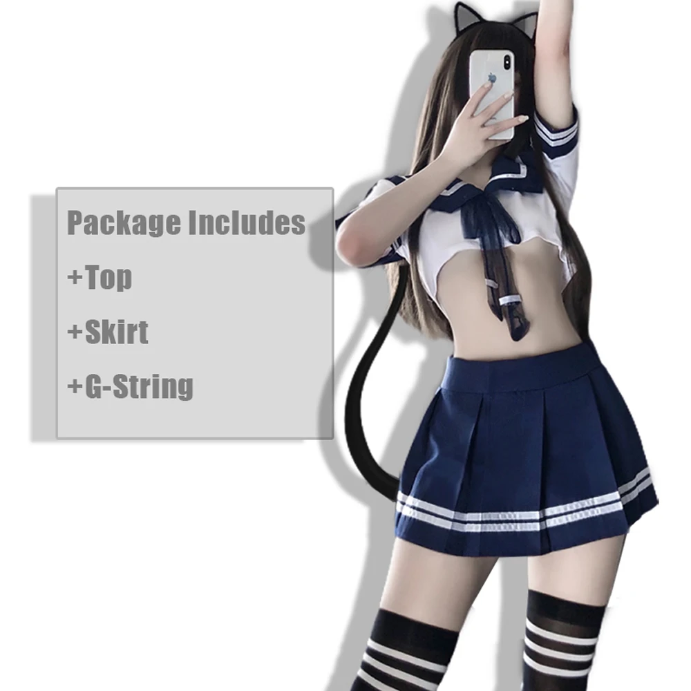 Kawaii Women Sexy Lingerie Student Uniform School Girl Cosplay Erotic Costume Dress Short Top Lace Miniskirt Outfit