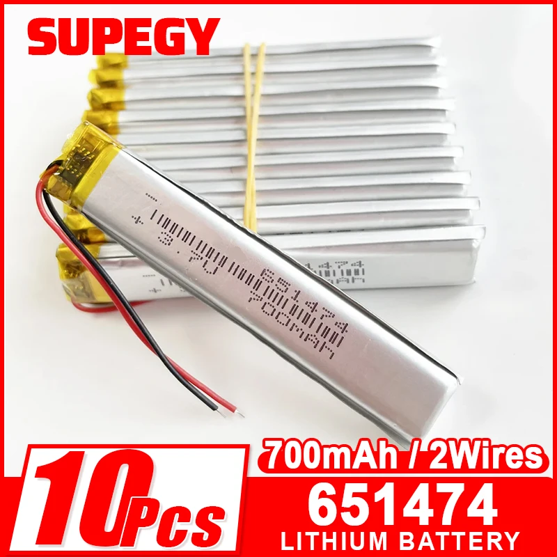 10 PCS 3.7V 700mAh Long Strip Lipo Rechargeable Battery 651474 For Bar Bike Bluetooth LED Light Massager GPS Speaker Recorder