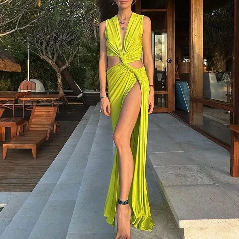 

Women Fashion Sexy Hollow Knot Slit V-neck Pleated Irregular Sleeveless Tie Solid Party Club Dress for Women