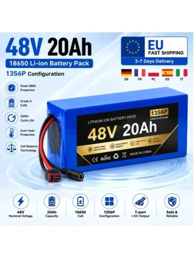 48V 20Ah Lithium-Ionen-Akku 13S6P 18650 Zellen E-Bike-Akku Hochkapazitäts-Wiederaufladbarer Li-Ionen-Akku mit Smart BMS-Schutz XT60 JST-Anschluss für Elektrofahrräder und -Roller EU-Lager Schneller