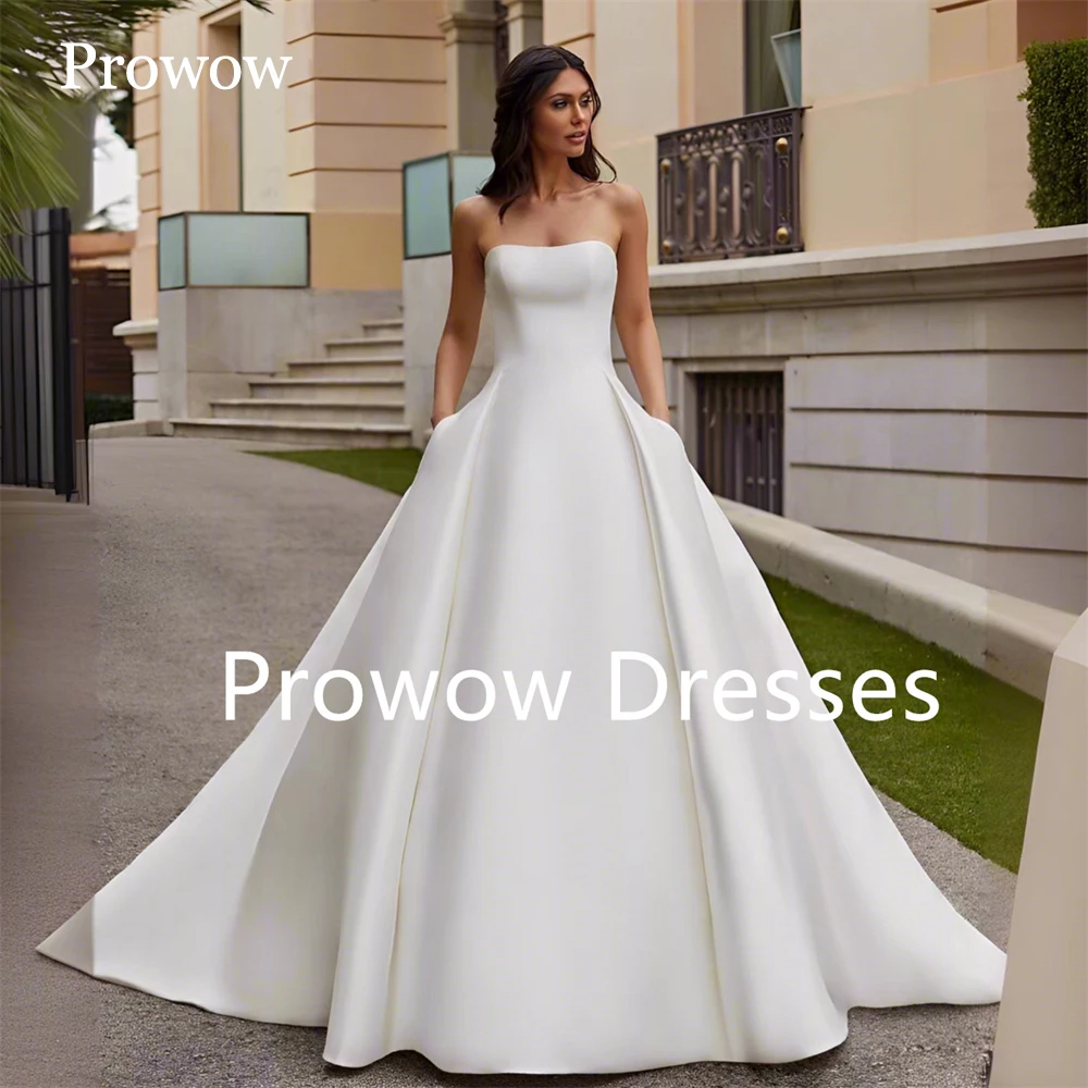 Prowow-Robe de Mariée Trapèze Ivoire Modeste, Longueur au Sol, Sans Bretelles, Plis, Satin, Balayage, Train, Fibre Personnalisée, Patients