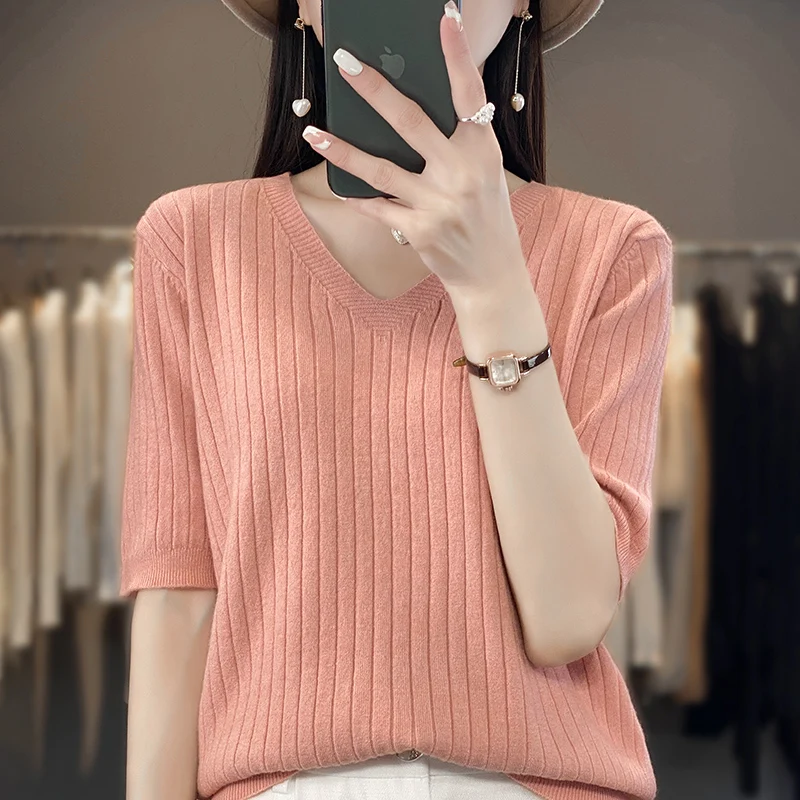 Spring And Summer New V-neck Short-Sleeved Women's Pullover Knitted Bottoming Shirt Half Sleeve Thin Solid Color Sweater