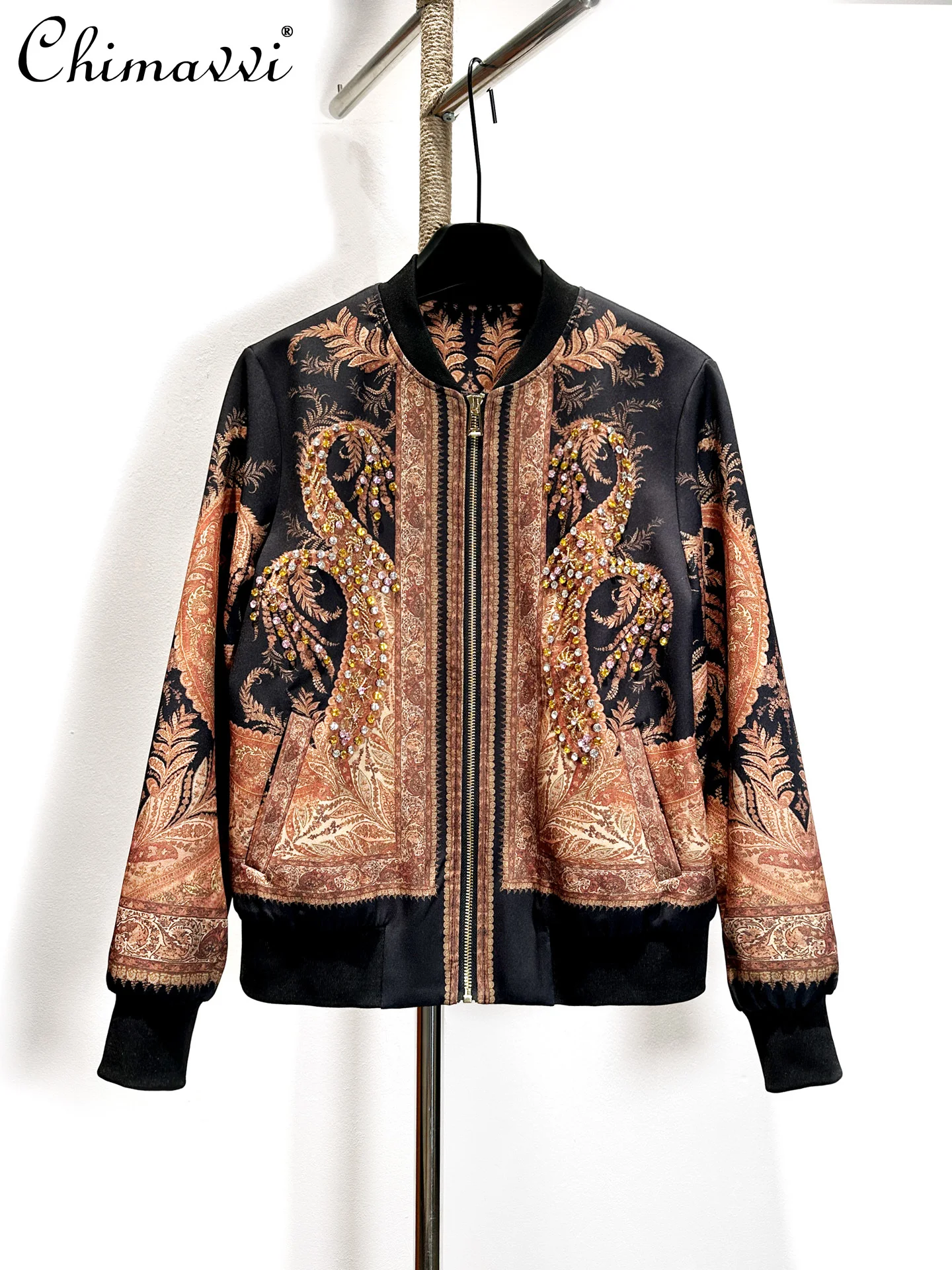 

French Retro Diamond Jacket for Women New Spring and Autumn Fashion Loose Baseball Jacket Long Sleeve Slimming Elegant Coat Top