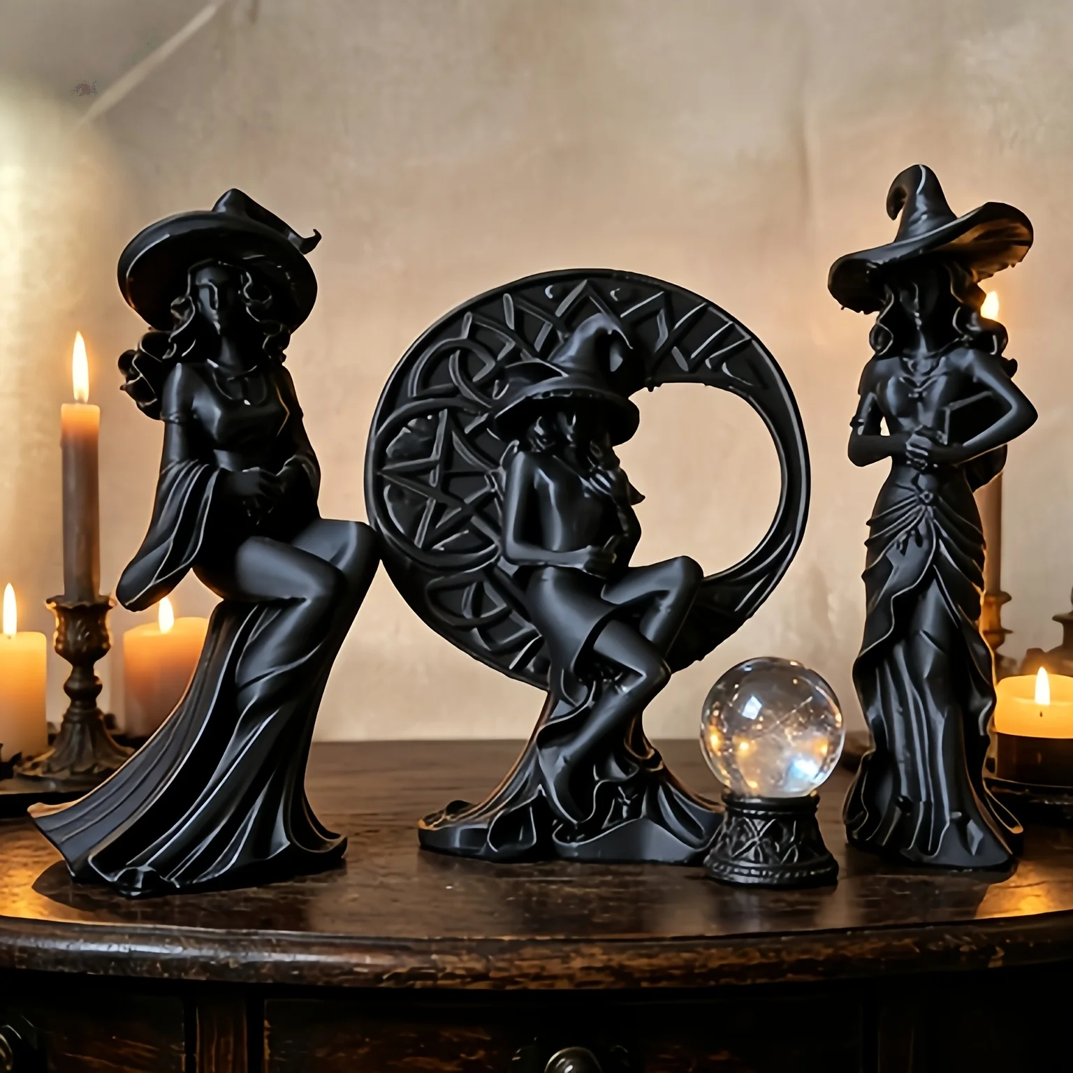3-Piece Black Witch Statues – Gothic Moon Witch & Pentacle Decor – Dark Academia Altar Tabletop Ornament – Unique Gift for Xmas