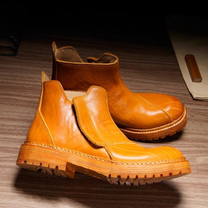 Handmade Motorcycle Boots Men's Shoes Business Casual Genuine Leather Outdoor High End Chelsea Boots Male High Top Ankle Boots