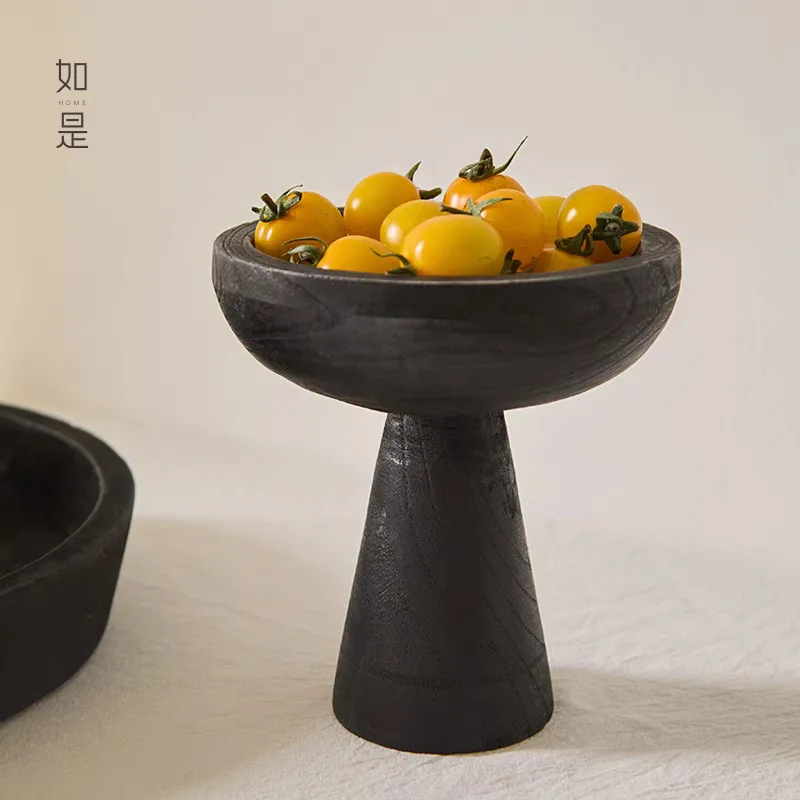 

Wabi Sandy Wind Black Tall Fruit Plate Retro Old Dried FruitPlate Solid Wood Pallet Wooden FruiPlate Ornament