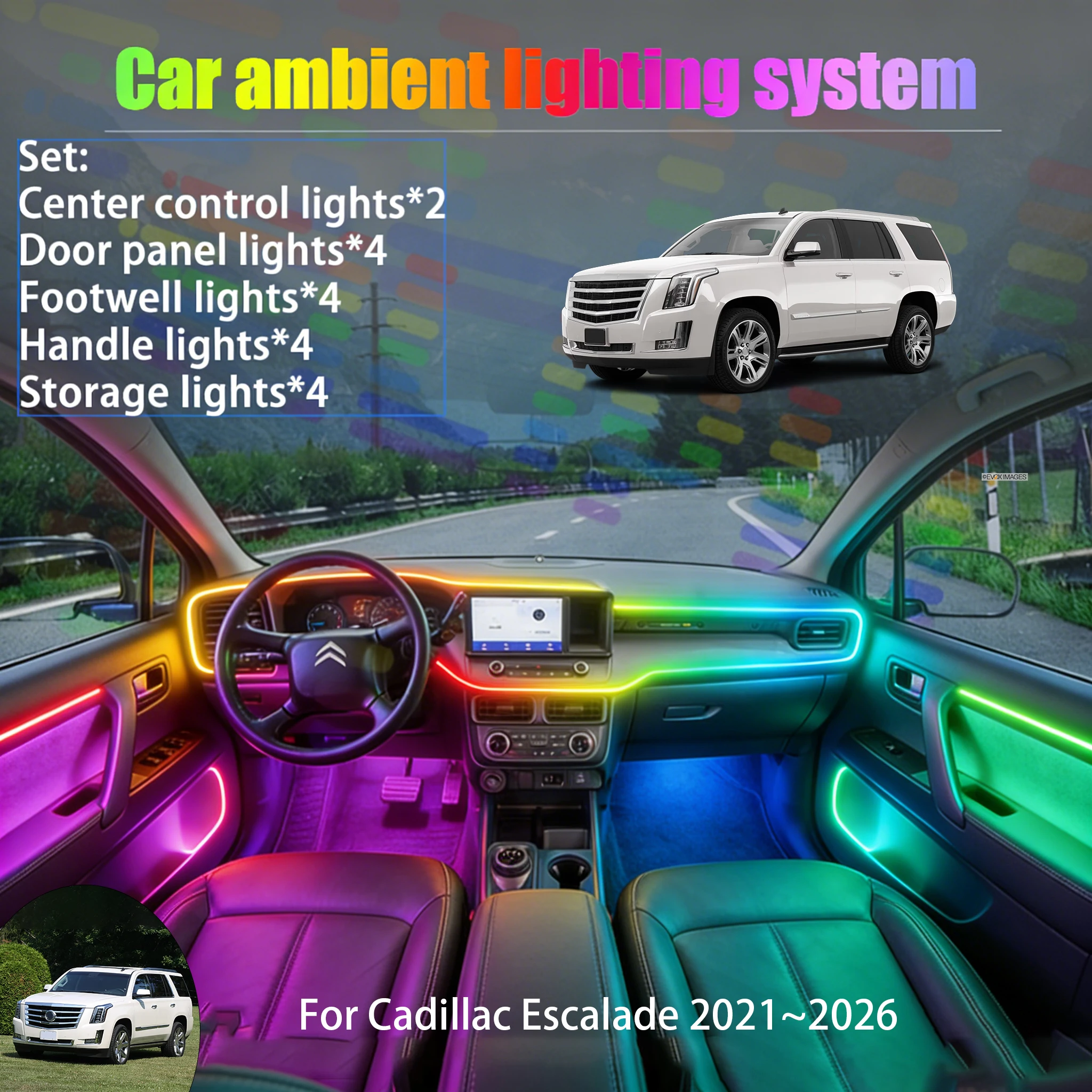 

Для Cadillac Escalade 2021~2026 MK4: Комплект светодиодной подсветки салона и багажника 2/18 в 1, USB RGB, с эффектом потока