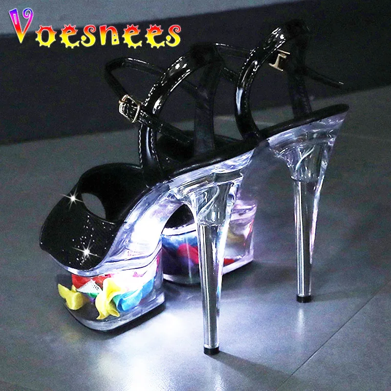 Women Crystal High Heel Shoes Nightclub Glowing Pole Dance Sandals New Design LED Light Up Transparent Platform Woman Shoe 15CM