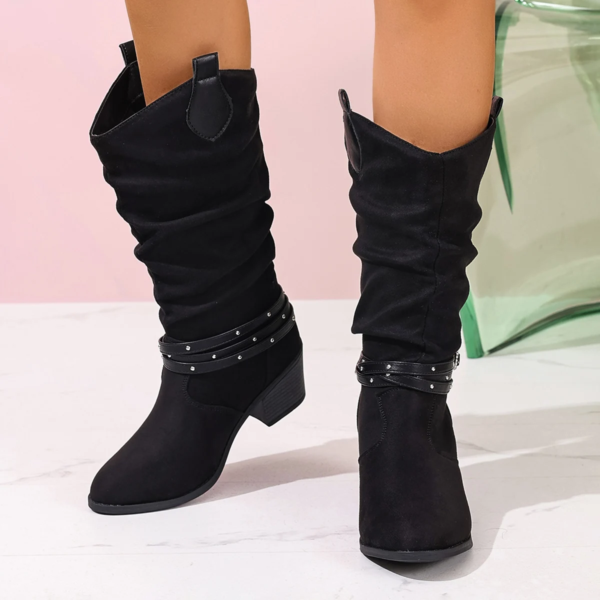 

Buckle Rivet Pull Tab Slip-On Fashionable Convenient Solid Color Round Toe Chunky Heel Women's High-Top Boots
