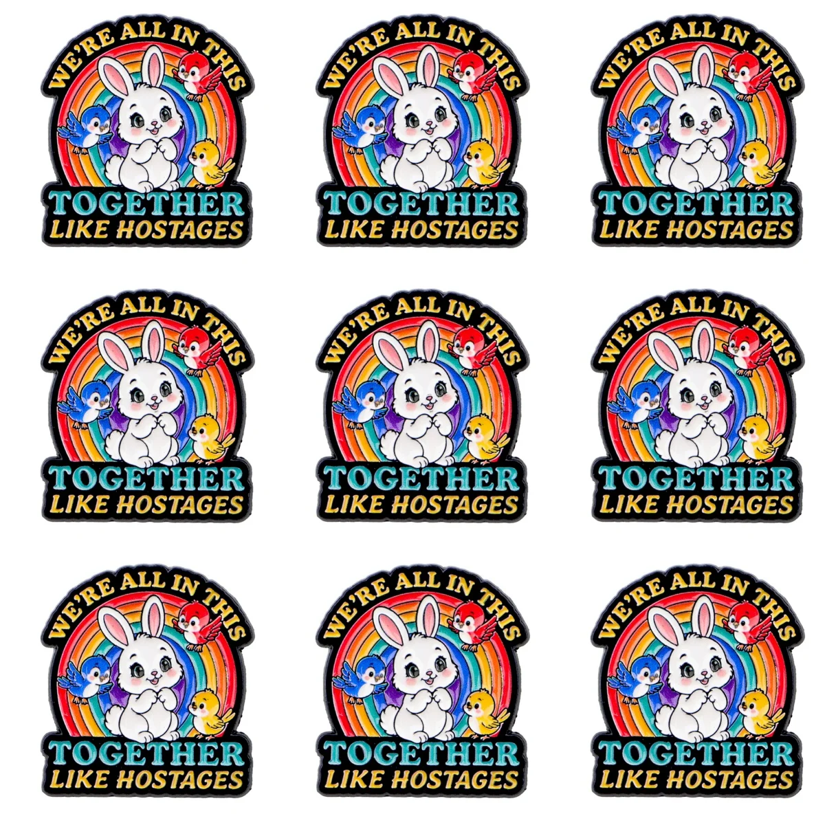 9pcs Cartoon Rabbit & Birds Humor Enamel Pin We're All In This Together Like Hostages Lapel Badge Brooch for Bag Decoration Gift