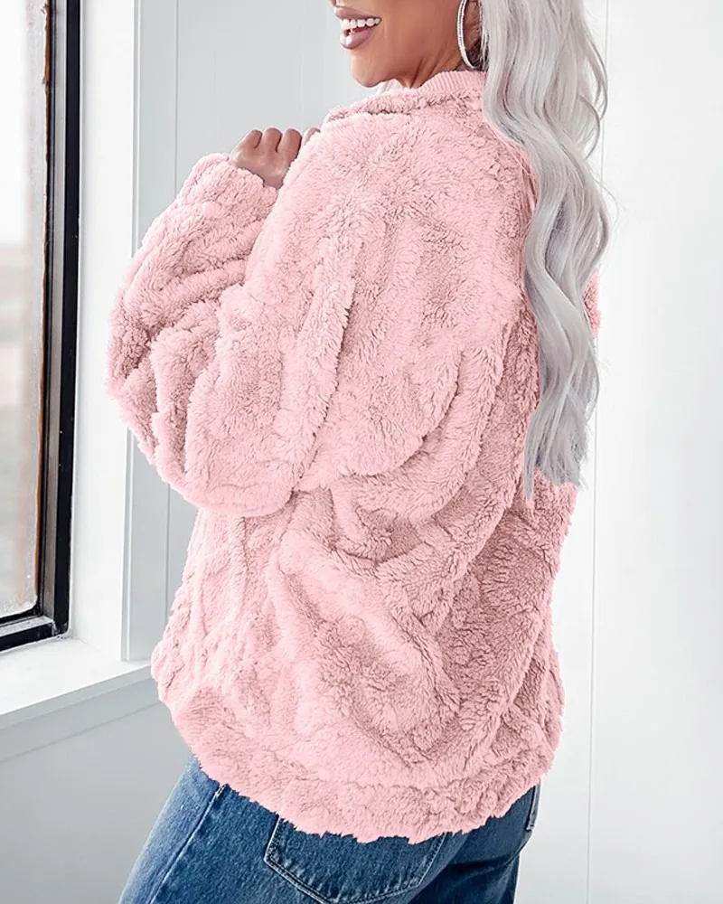 Dames herfst winter eenvoudige opstaande kraag losse lange mouw rits sweatshirt zachte comfortabele losse pluche trui