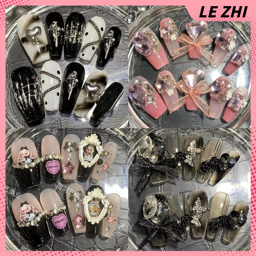 

Y2K Handmade Bow Ribbon Press On Nail Short Ballet 3D Luxury Diamond Full Coverglitter Gradient Wearable Nail Tips Party Sticker