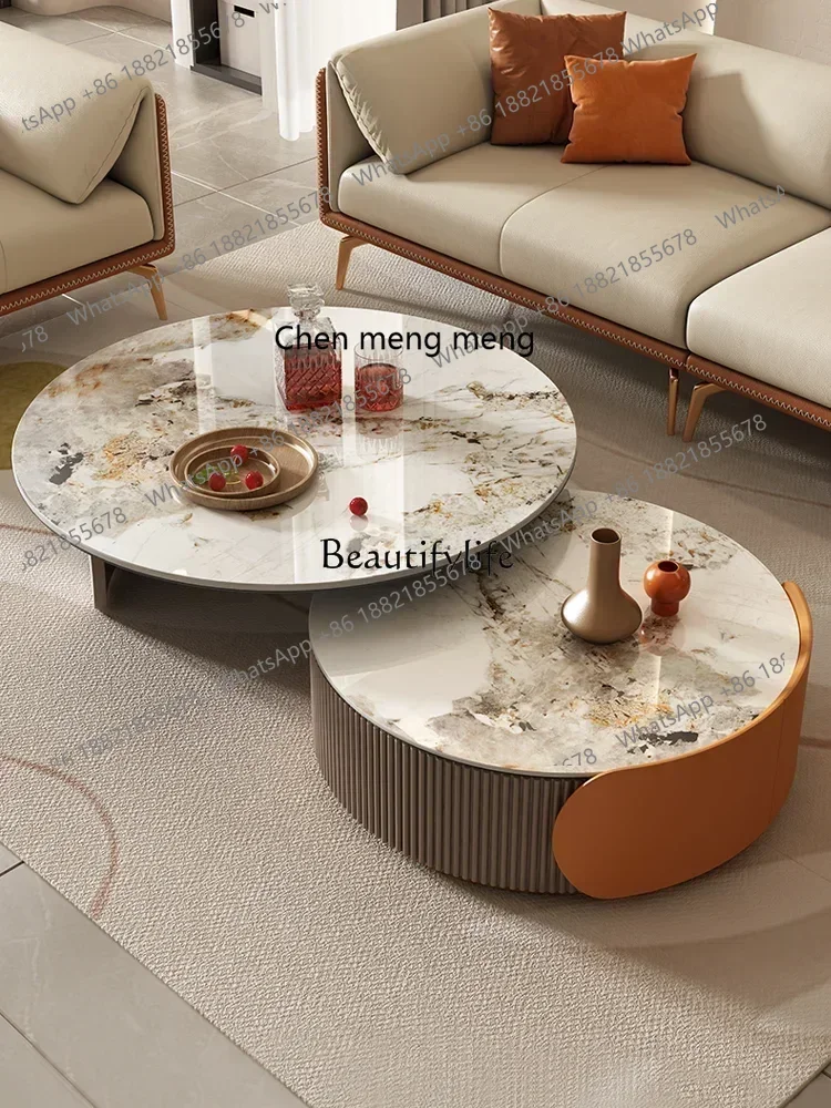 신상품 라이트 럭셔리 록 슬래브 TV 캐비닛 조합 거실 가구 확장형 원형 커피 테이블 7304