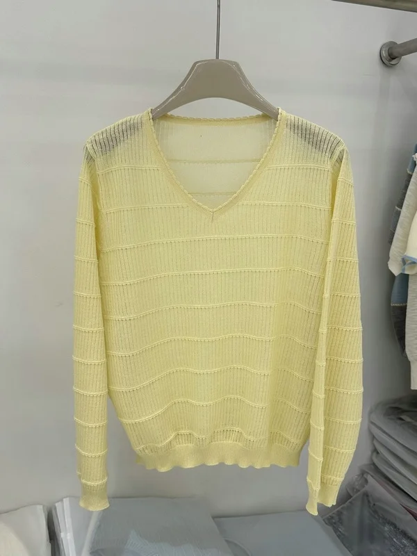 

Дышащий повседневный трикотажный топ с V-образным вырезом и длинным рукавом для женщин, свободный крой, комфортный, летний, модный, мягкий, в стиле «Нежный ветер»