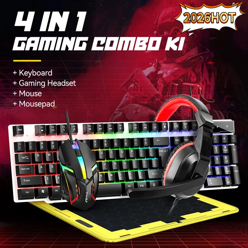 2026 Mouse Keyboard Headset Mouse Pad Combo 4 In 1 SET Computer Gaming Headphone USB Wired Mouse And Keyboard Set With Mouse Mat