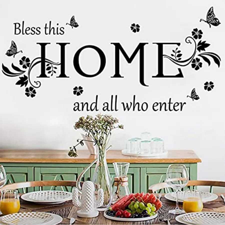 Black Vinyl Wall Sicker Wall Word Quoes Bless his Home and All who Ener Wall Decals Flowers Buerfly Wall Decor Sicker for Enryw