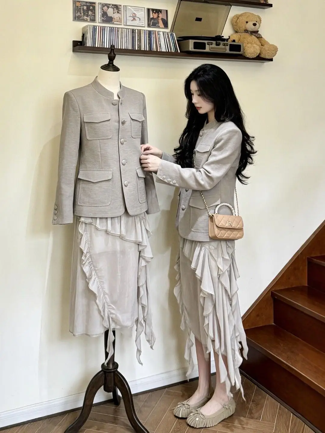 

Romantic Low Saturation Suit Jacket Asymmetrical Skirt Korean Style Spring New Cold Tone Elegant Fashion Set Women's Clothing