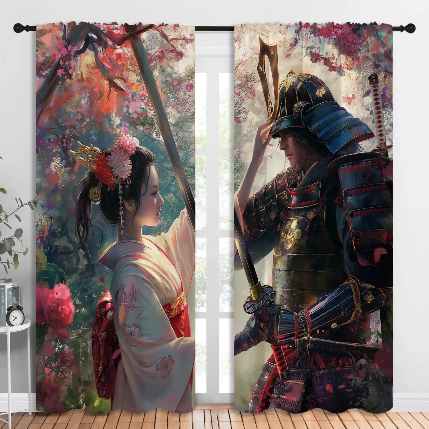 Japanese Samurai Boy Girls Blackout Curtains,Asian Cool Style Cherry Blossoms Geisha,2 Panel Rod Pocket Thermal Insulated Drapes
