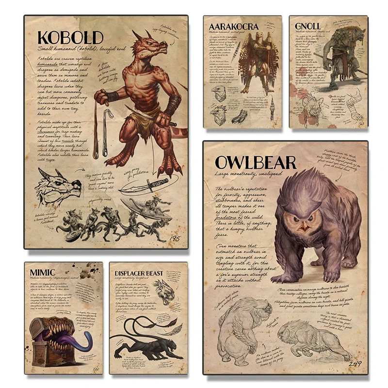 Retro D&D Monster Manual Dungeons Dragons Creatures Posters and Prints Canvas Printing Wall Art Picture for Game Room Home Decor