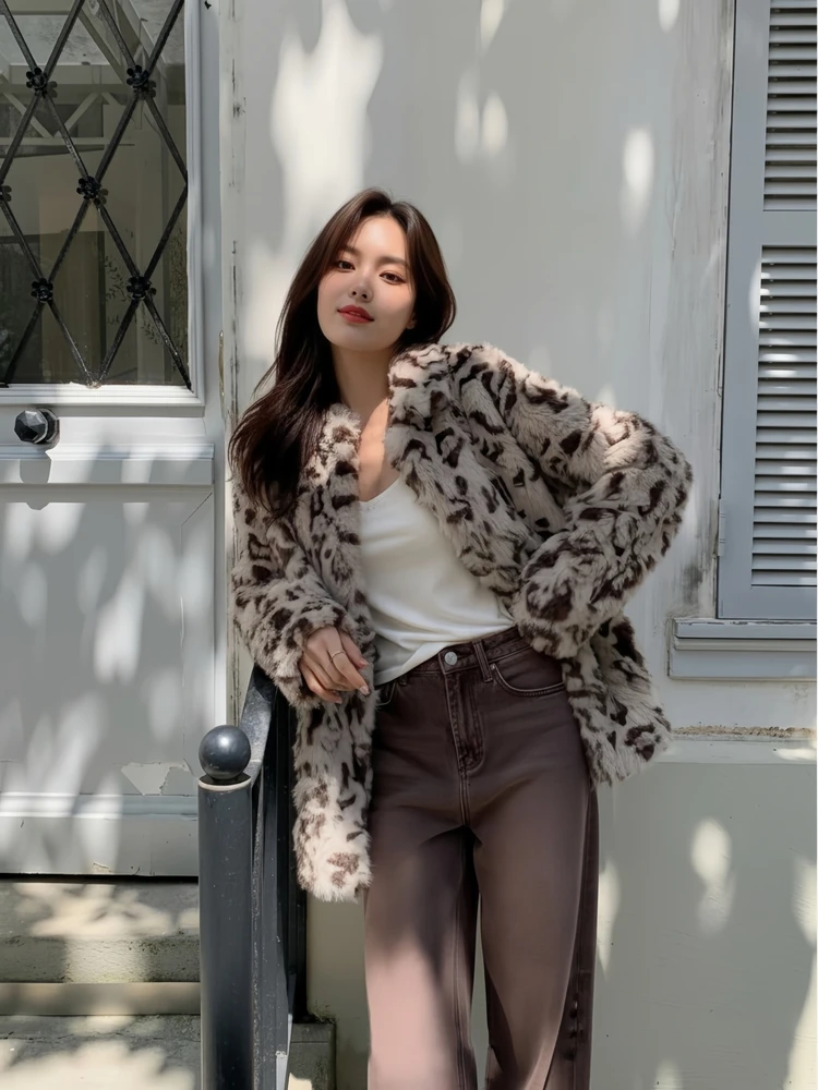

Moonsee Faionable Leopard Print Fur Coat Fluffy Long Sve Outerwear Ele Women's Woolen Jaet Polyester Fiber