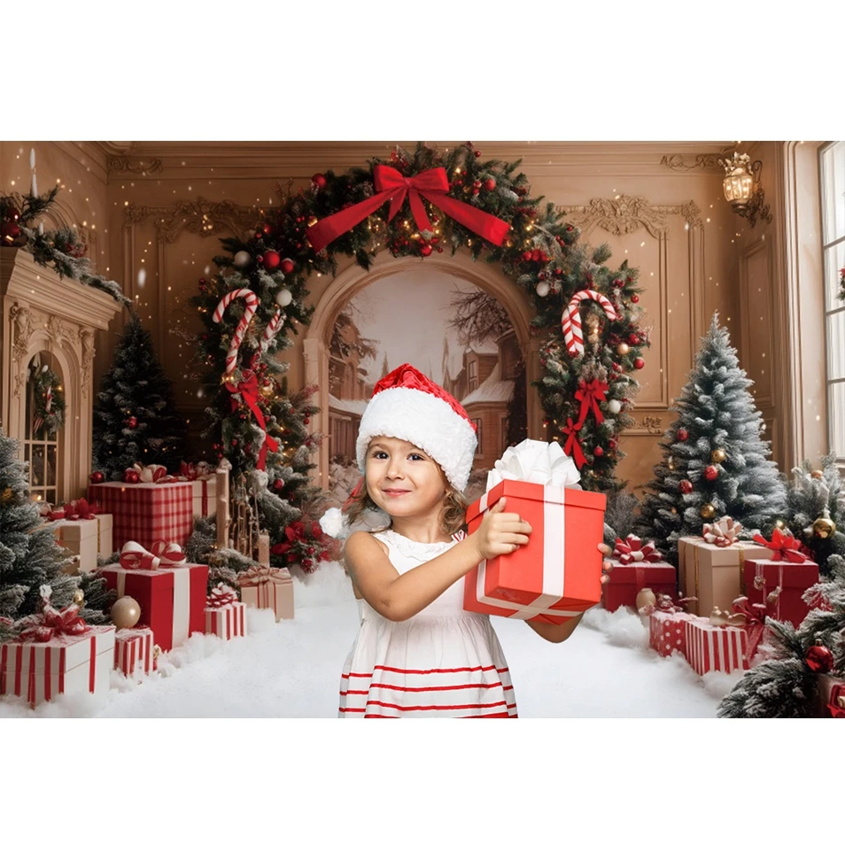 Winter Christmas Photography Backdrop Wreath Arch Gifts Outdoor Snow Road Candy Cane Kids Portrait Photo Background Photostudio