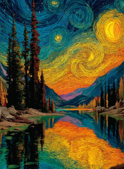 500/1000/1200/2000PCS Jigsaw Puzzle Starry Night Inspired Mountain Lake Forest Reflection Bold Textured Art Home Dec Gift