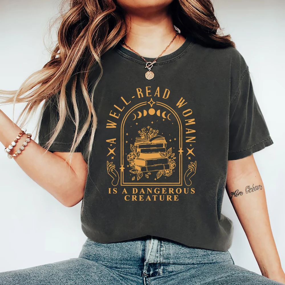 A Well Read Woman Is A Dangerous Creature T Shirts Bookish Merch T-Shirt Women Tshirts Vintage Graphic Tees Book Lovers Gifts