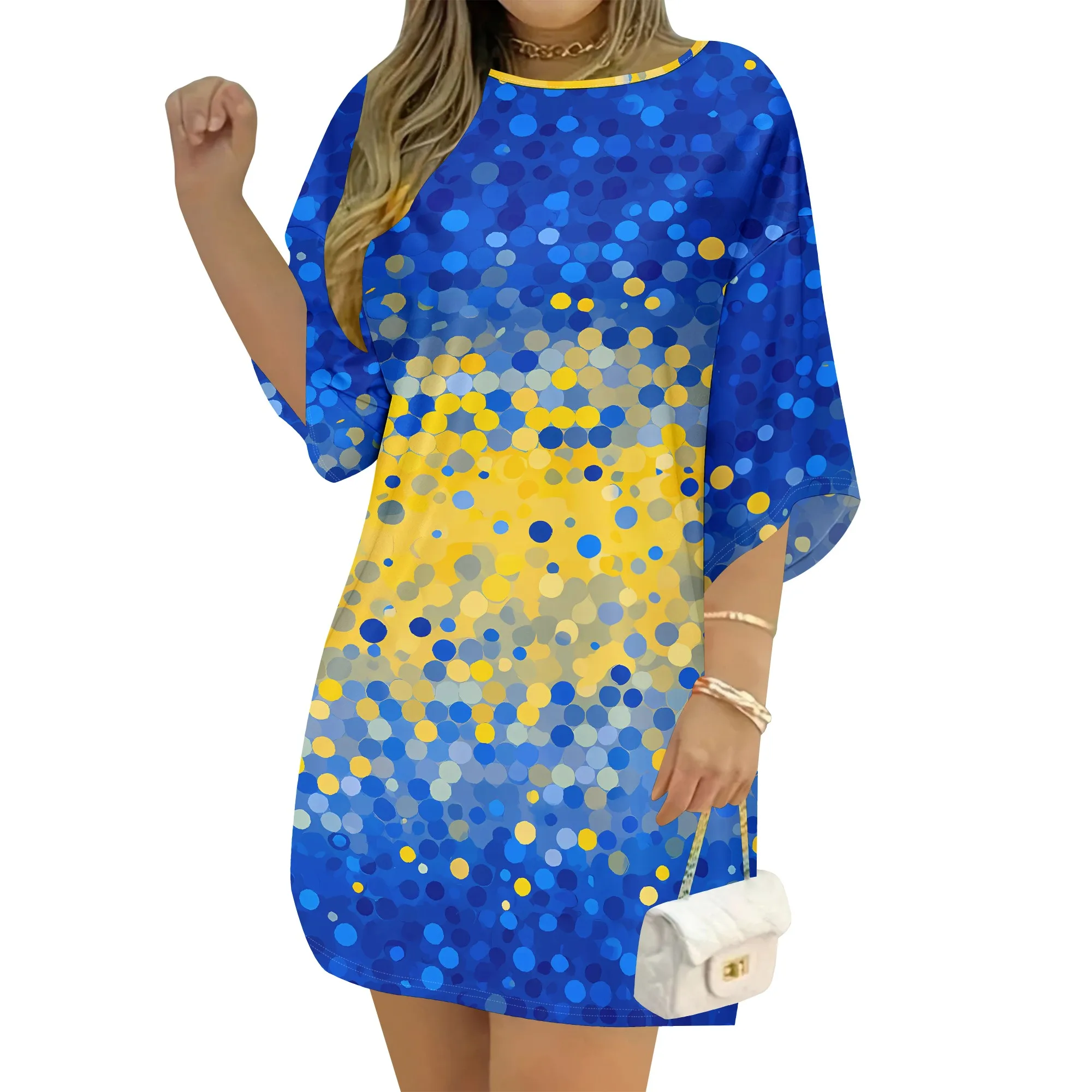 Blue Yellow Polka Dot Dress Abstract Circle Print Shift Dress Loose Fit Short Sleeve Mini Dress Summer Beach Party Wear