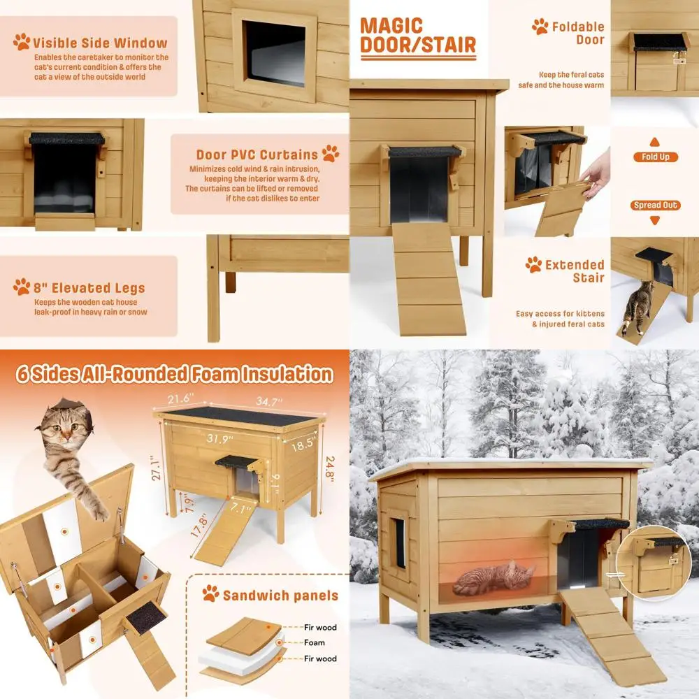 

Утепленный уличный домик для кошек на зиму | Большой деревянный домик для нескольких кошек | Лестница для подъема | Акриловое боковое окно | Коричневый
