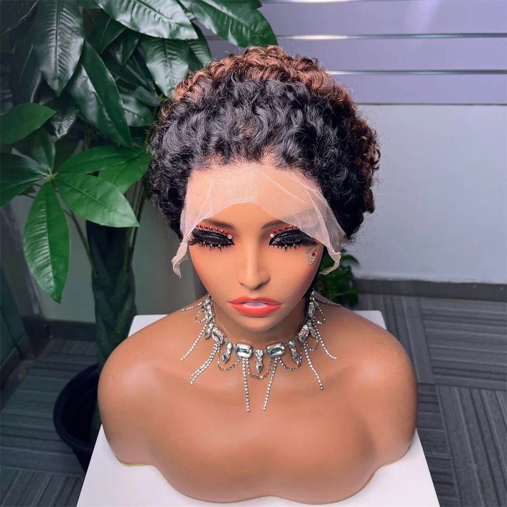 باروكة شعر حقيقية 100%، دانتيل أمامي 13x4 شعر مجعد قصير، غطاء رأس كامل للشعر الحقيقي، شعر قصير مموج ملفوف على الجانب، نمط نسائي