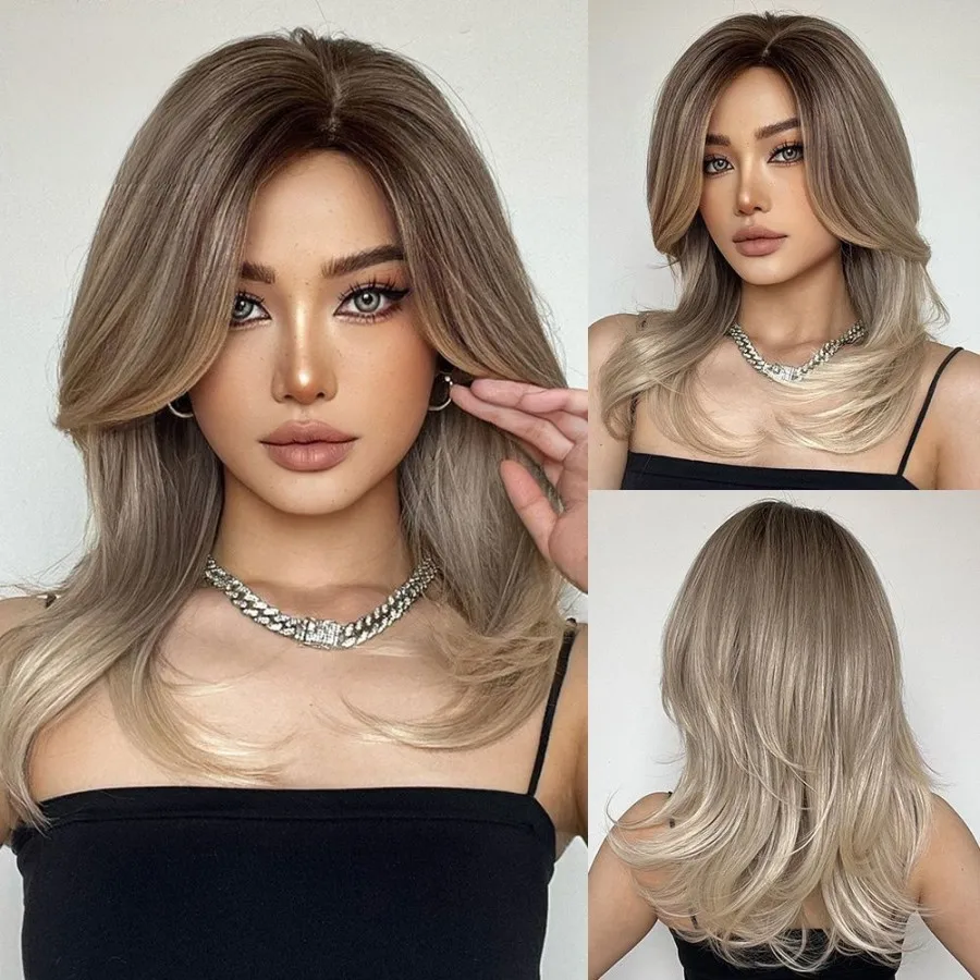 Ombre Brown High Quality Synthetic Wig Long Natural Wave Wigs with Bangs for Women Hair Daily Party High Density Heat Resistant