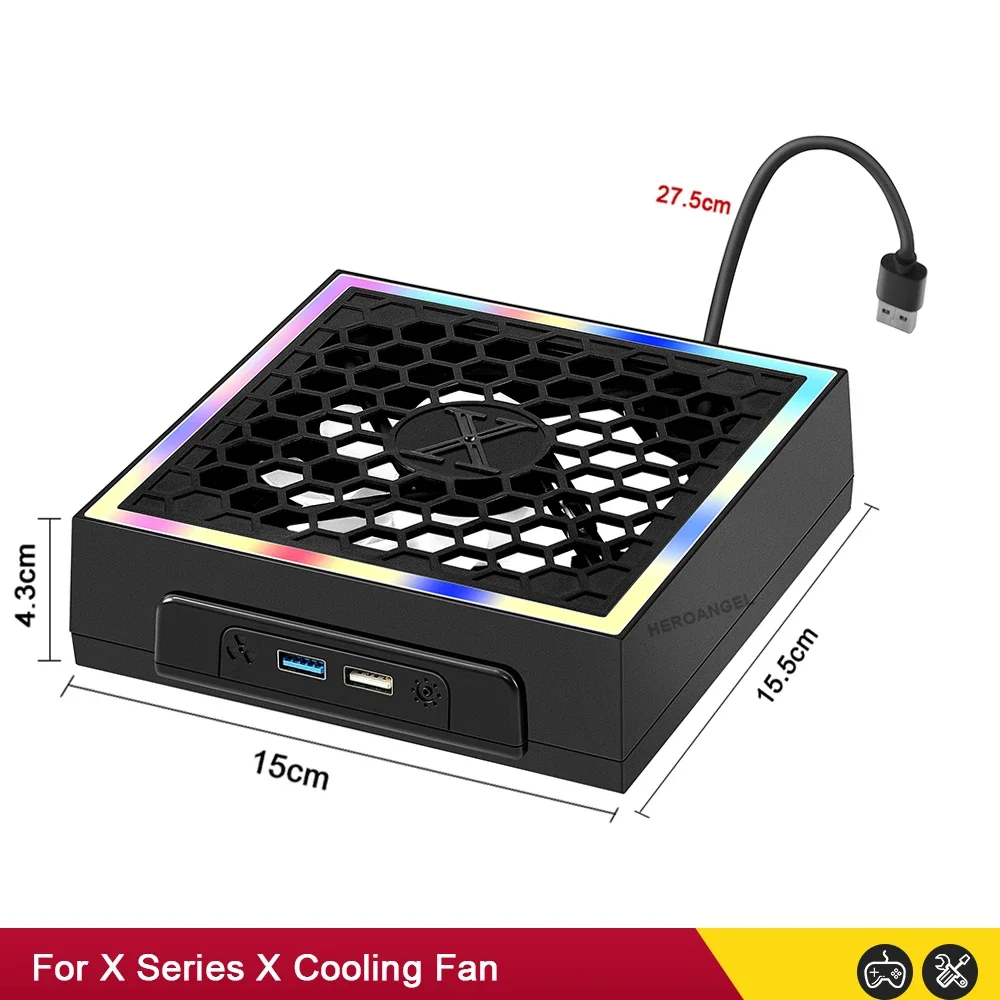 Topkoelventilator voor Xbox Series X console met kleurrijke lichtstrip, koelventilator met 2 USB-poorten, koelventilator voor XSX accessoires