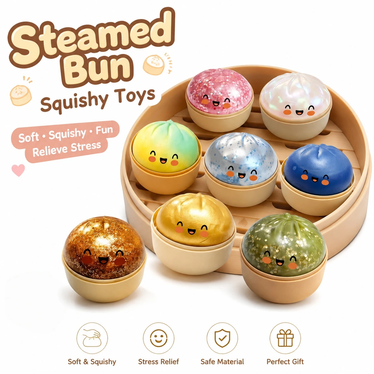 Large Squishies Dumpling Bun Toy, Slow Rising Glitter Dumpling Stress Ball, Stress Relief Fidget Toy for Home Office Travel