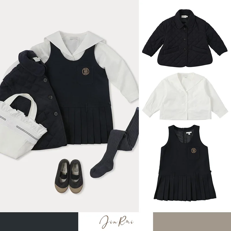 

Girls' Jacket 2025 Autumn/Winter New Black Collar Fashion Cotton Coat Pure Cotton White Girls' Shirt Sleeveless pleated Dress