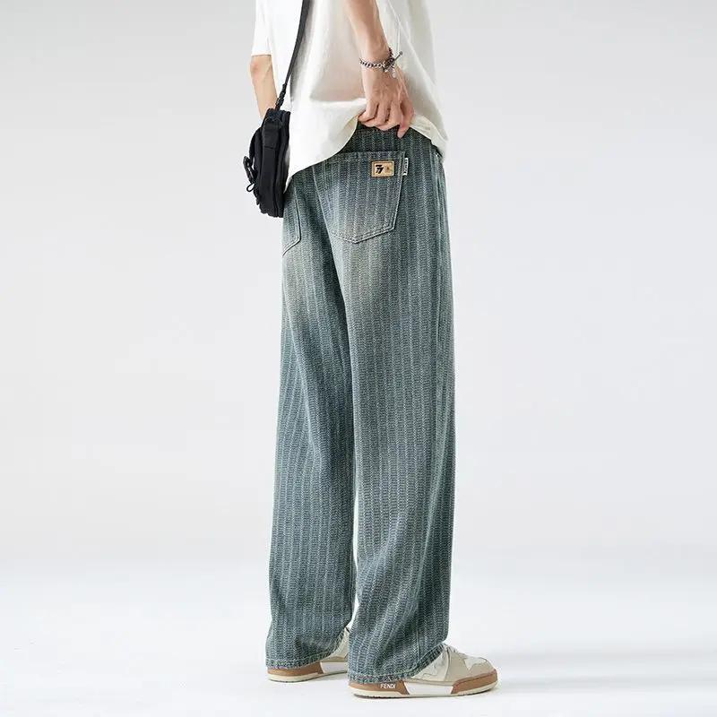 レトロ星空柄ジーンズメンズルーズストレート春と秋の新ストライプ洗濯トレンディカジュアルパンツ