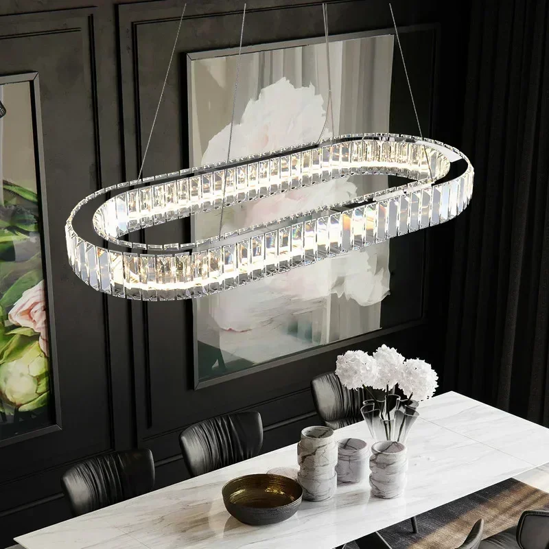 Led Luxury Crystal Ceiling Pendant Lamp  Modern Simple Atmosphere Duplex Building Restaurant Ring Lamp Lustres Home Decor Lamp
