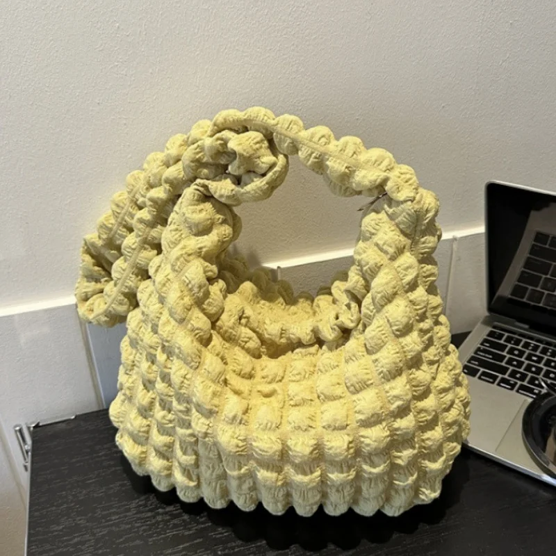 격자 무늬 퀼트 숄더 백 귀여운 주름 버블 대용량 겨드랑이 가방 수 놓은 솔리드 컬러 크로스 바디 백 여성