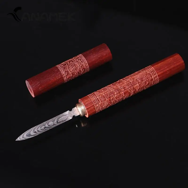 1Pcs Teaware Stainless Steel Ebony Chinese Puer Tea Needle Cutter Damascus Tea Knife Needle Pick With Wooden Handle