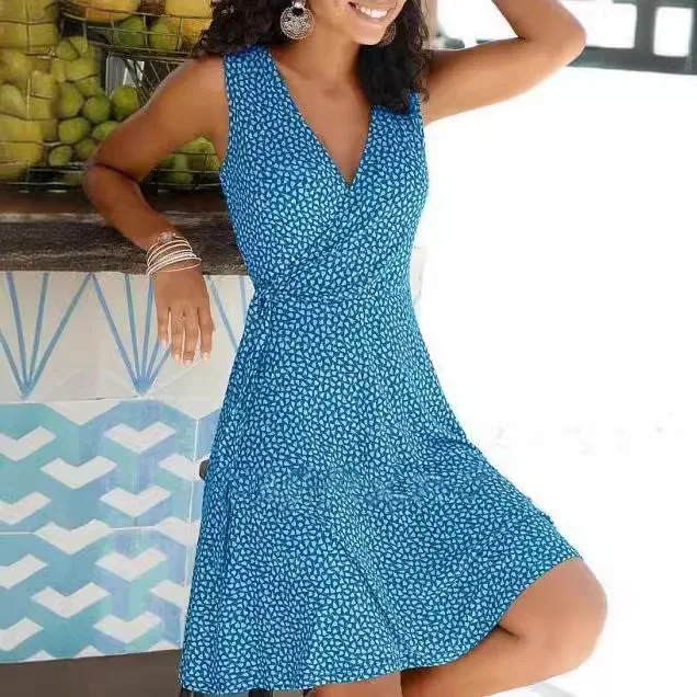 

Summer Printed V-neck Tie Up Sleeveless Cardigan Dress for Women