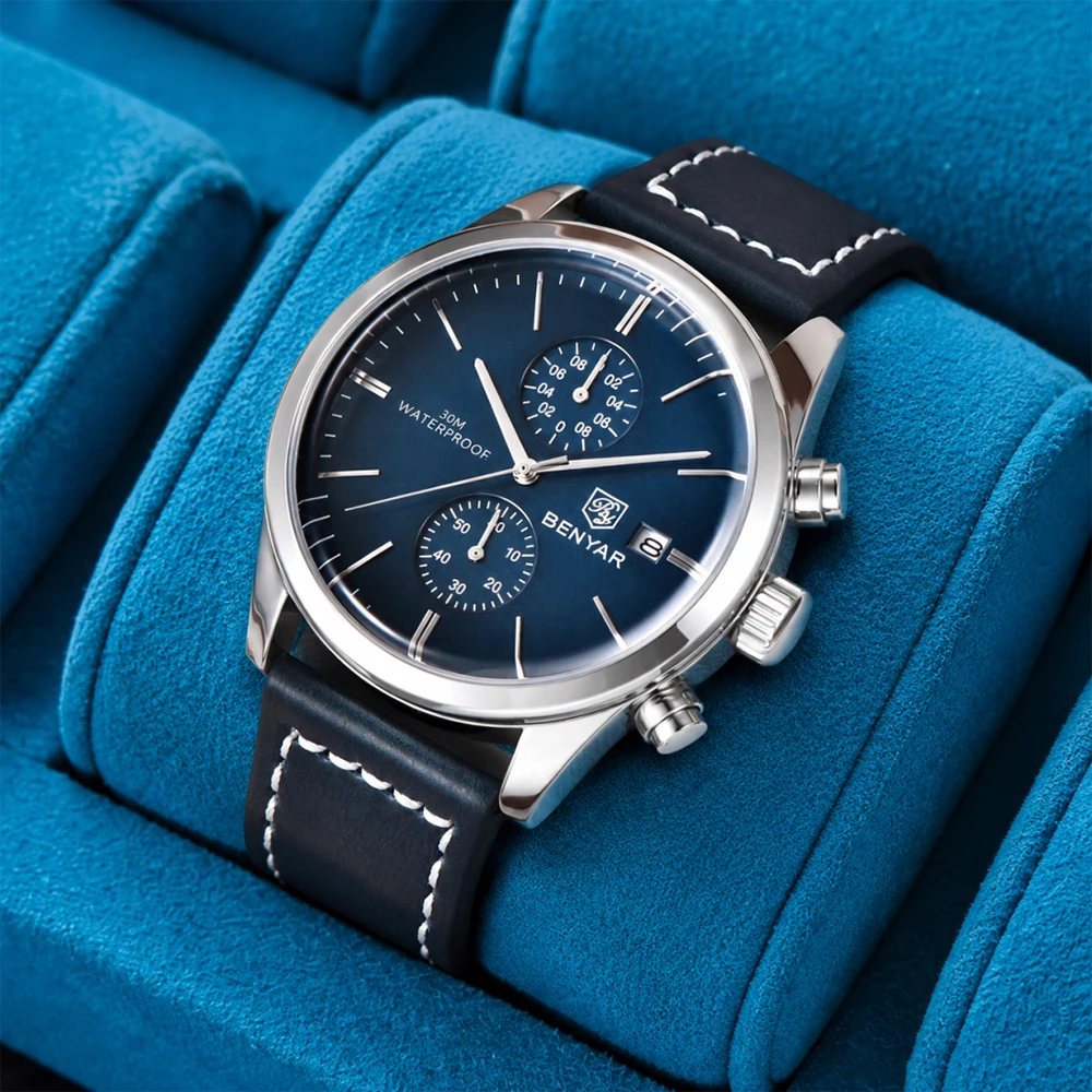 Top BENYAR luxury brand sports quartz watch luxury 30M waterproof chronograph fashion leather military clock Relojes Hombre+box