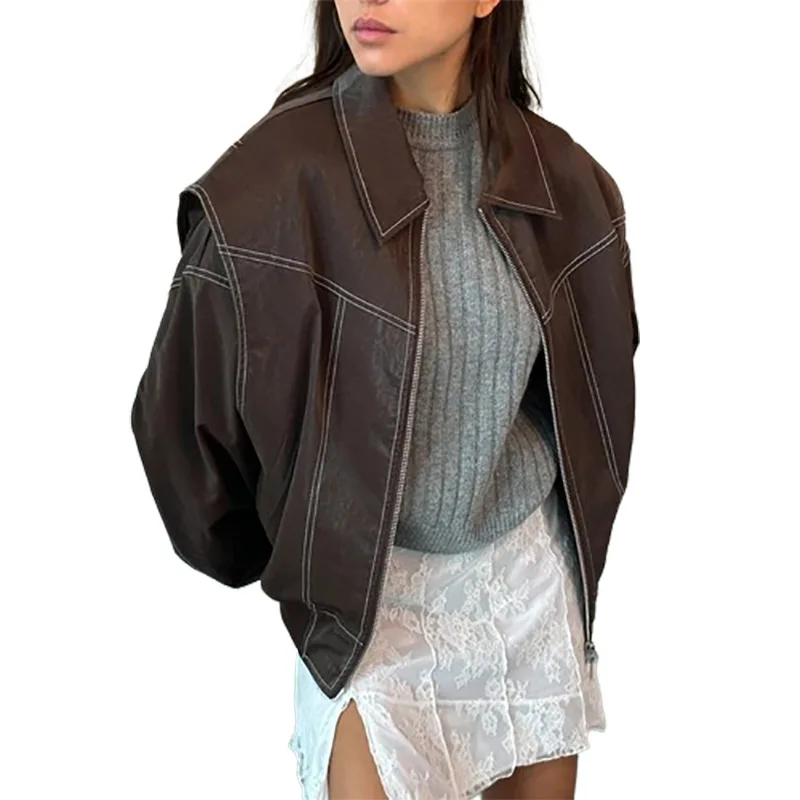 Collar zipper long sleeved jacket fashionable women's loose street jacket for autumn and winter